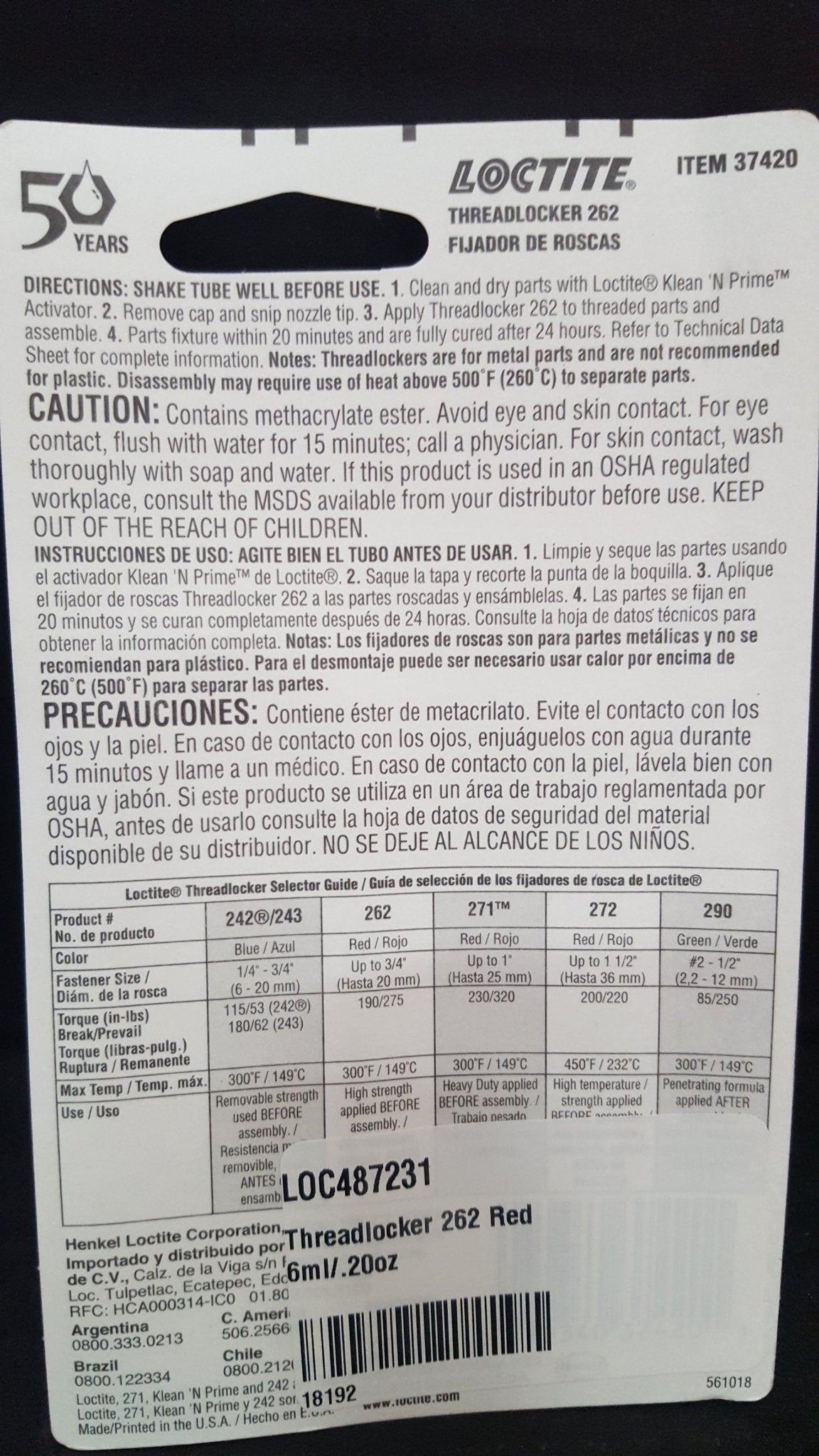 Loctite Red 262 Small Threadlocker Tube | High Strength - GO Motorsports Shop