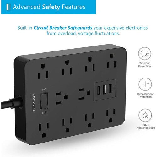 Tessan 10 - Outlet Surge Protector with 3 USB Ports - GO Motorsports Shop